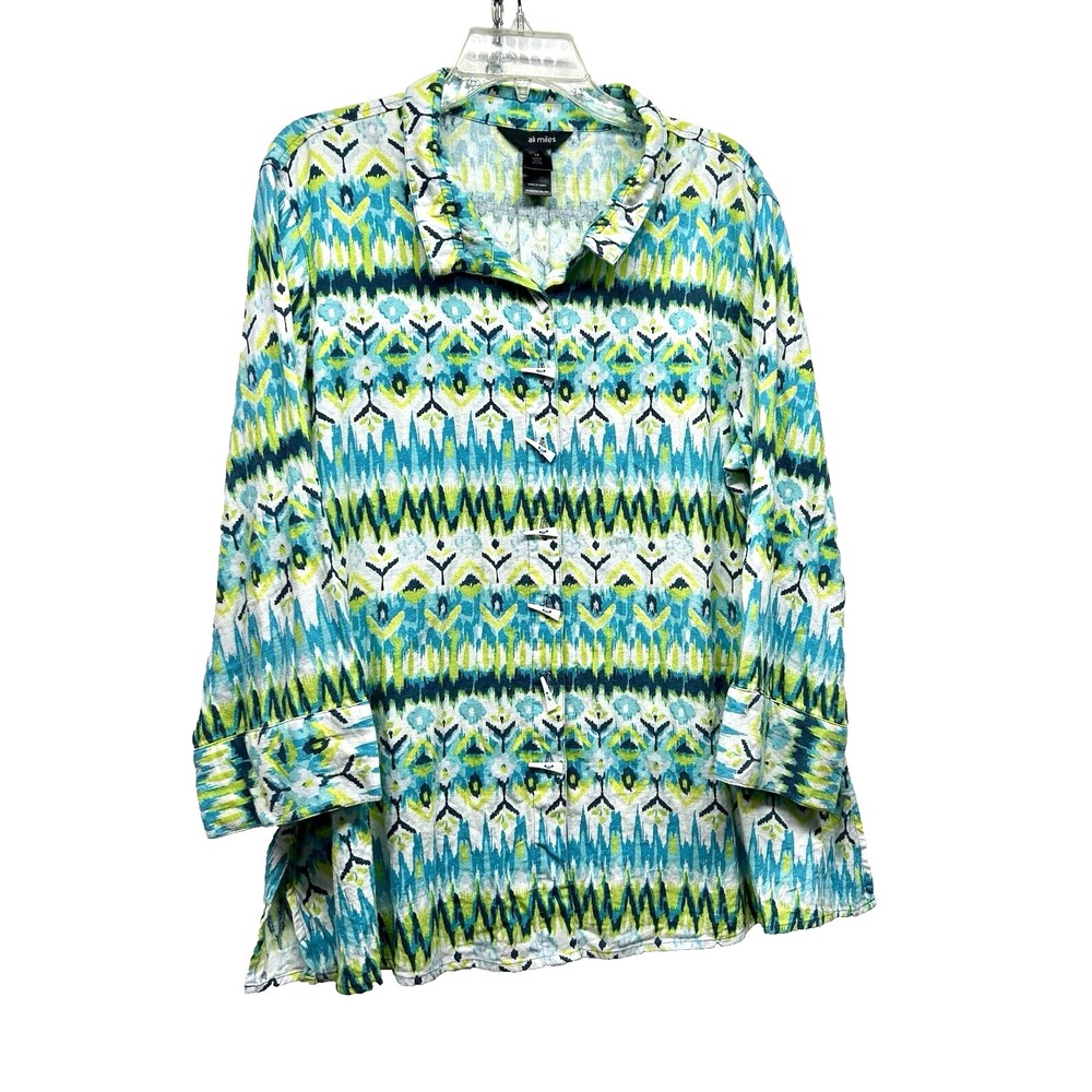 Ali Mile 1X Women's Button Up Multicolor Linen Blend Blouse Shirt Top (G4)